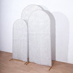 3 SILVER Metallic Tinsel Round Top Arch Polyester STAND COVERS Set Party Events