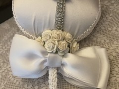 White Satin Wedding Keepsake-White Bows,Rhinestone Trim,Roses,Rhinestone Button