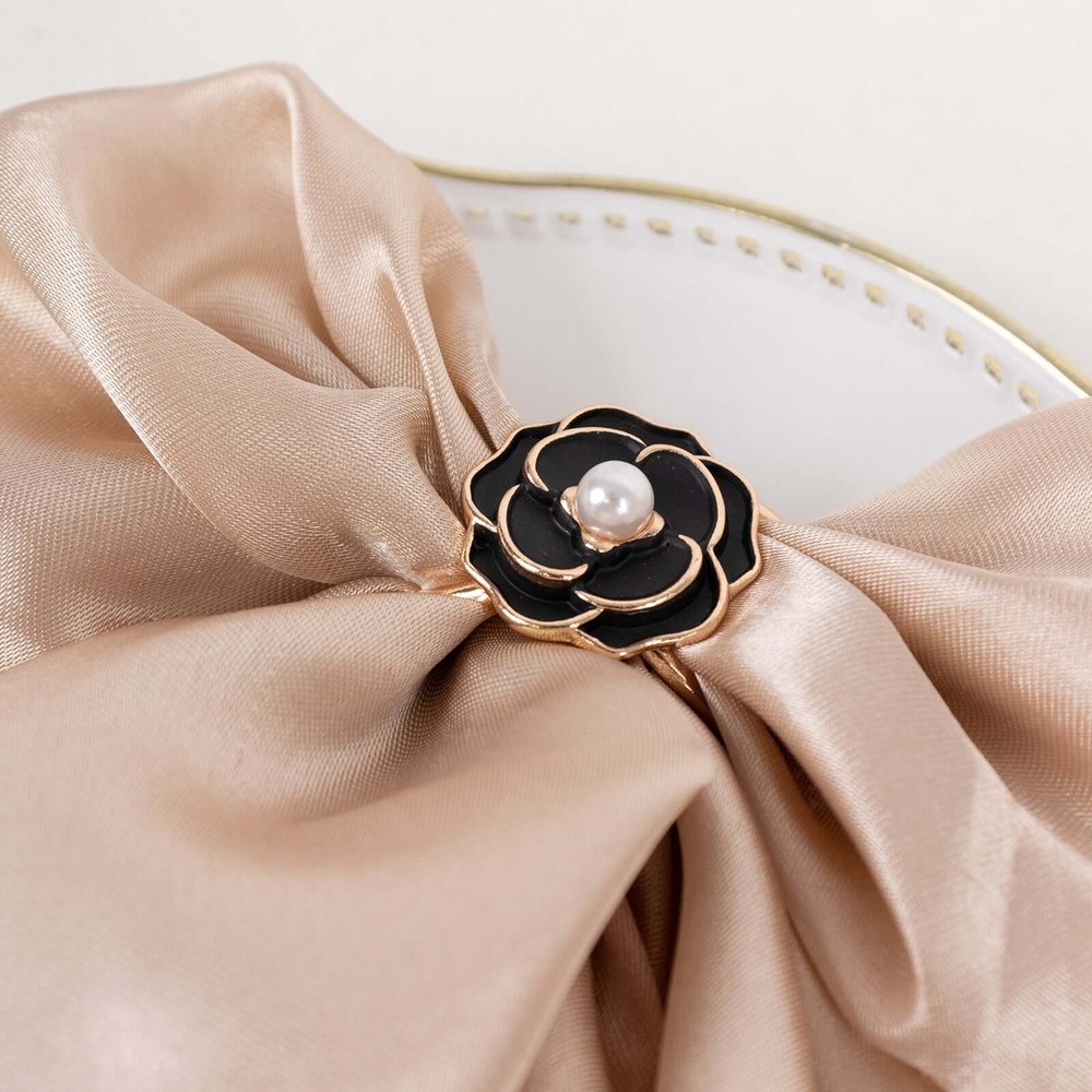 10 BLACK Pearl Floral Metal Napkin Rings GOLD Rim Party Decorations Wedding