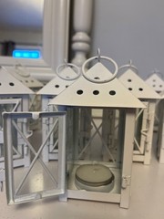 Qty 10 – White Mini Lanterns – 5” to top -Metal & Glass