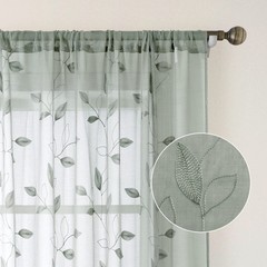 HOMEIDEAS Sage Green Sheer Kitchen Curtains 52 x 45 Inch Length 2 Panels Embr…