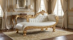 LUXURY 85″ Gold White Carved Mohagany Victorian Rococo Fainting Chaise Lounge