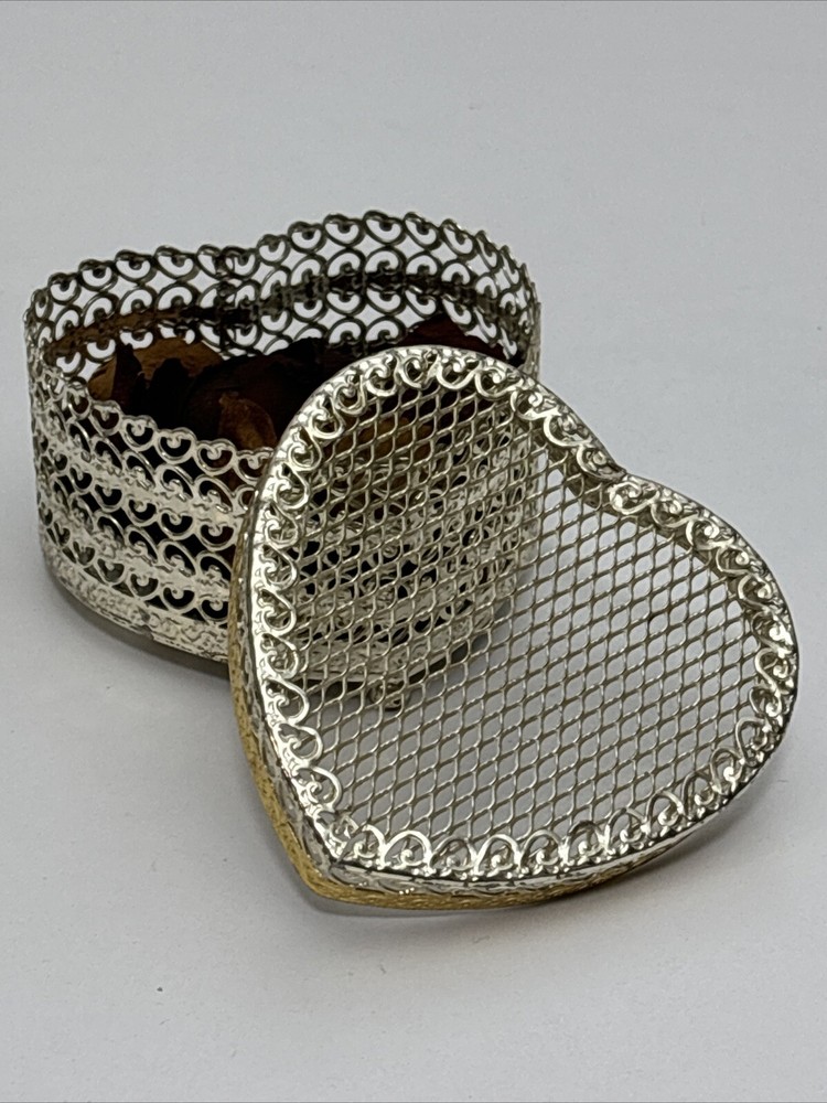 Vintage 4×4 Inch Metal Heart Wedding Container + Lid With Dried Red Rose Petals