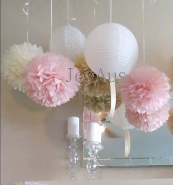 12x 30cm pink cream paper pom poms white paper lantern wedding baby shower decor