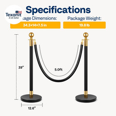 Stanchions and Velvet Ropes 4PCS, Water-Fillable Base with Iron Post, 5 Feet Vel