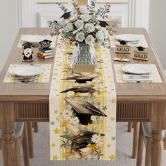 Plaid Grad Cap Stars Flowers Graduation Table Runner Table Runner 13×48 Inch