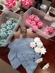 3 Handmade Paper Flowers on stems (White w/Purple tips) for Wedding, Valentine’s