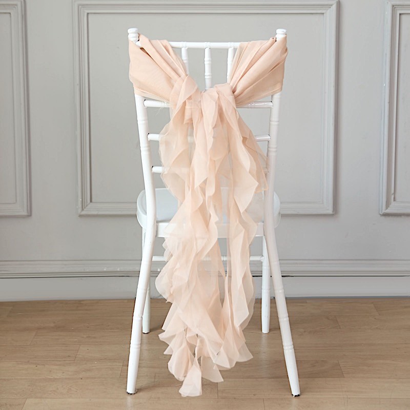 Nude Premium CHAIR COVER with Curly Chiffon Ruffled SASHES Wedding Decorations