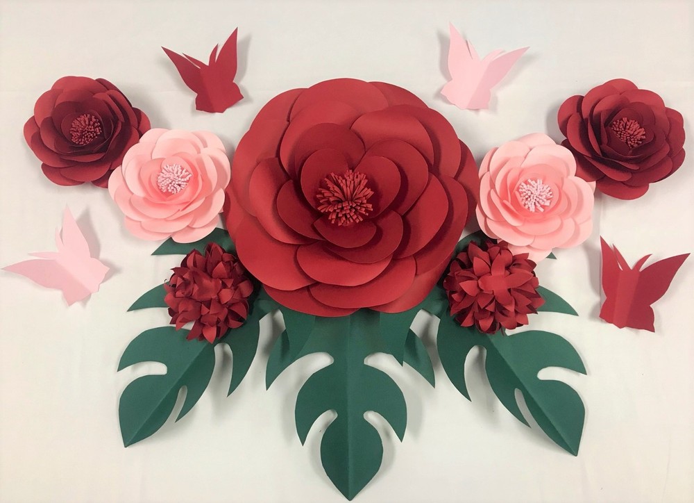Decor In The Box 14 Piece Handmade Paper Flower Set Fully Assembled -Red/Pink