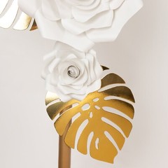 9 WHITE 3D Rose Paper Flowers with Gold Monstera Leaves Wedding Decorations