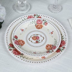 25 IVORY 7″ Paper Round Plates with Vintage Rose Flower Print Wedding Events