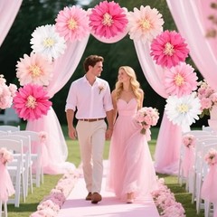 Daisy Tissue Paper Pom Poms, Wildflower Party Decorations, White and Pink pink