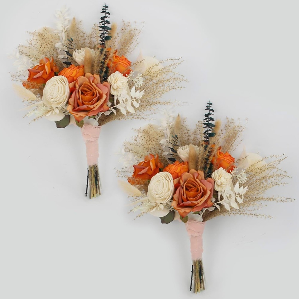 13.7″ Wide 2Pcs Fall Wedding Bouquets for Bridesmaids Burnt Oran