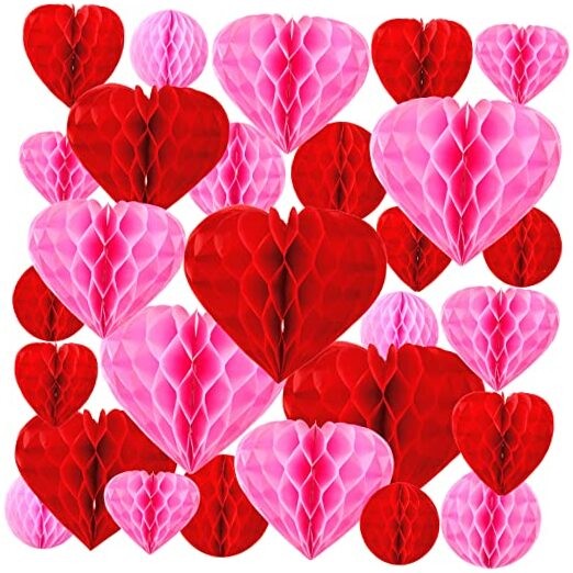 36 Pcs Valentine Heart Honeycomb Decorations Pom Poms Honeycomb Ball Pink, Red