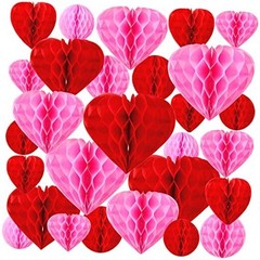 36 Pcs Valentine Heart Honeycomb Decorations Pom Poms Honeycomb Ball Pink, Red
