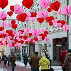 36 Pcs Valentine Heart Honeycomb Decorations Pom Poms Honeycomb Ball Pink, Red