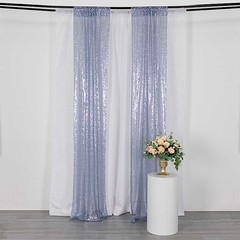 2 DUSTY BLUE 8ft x 2ft Sequined Backdrop Curtain with Rod Pockets Wedding