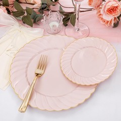 YOUBET 125Piece Pink Plastic Plates with Gold Rim – Scalloped Plastic Plat