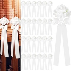 24 Set Wedding Aisle Decorations – Ribbon Bows & White Hydrangea Chair Decor for