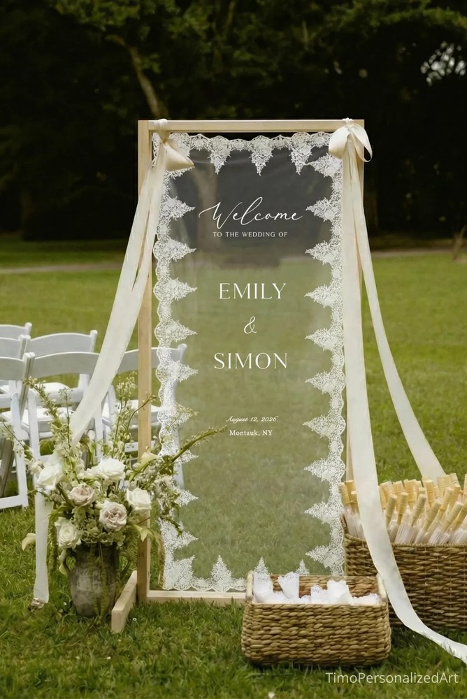 Custom Sheer Lace Wedding Welcome Sign, Modern Ceremony Banner
