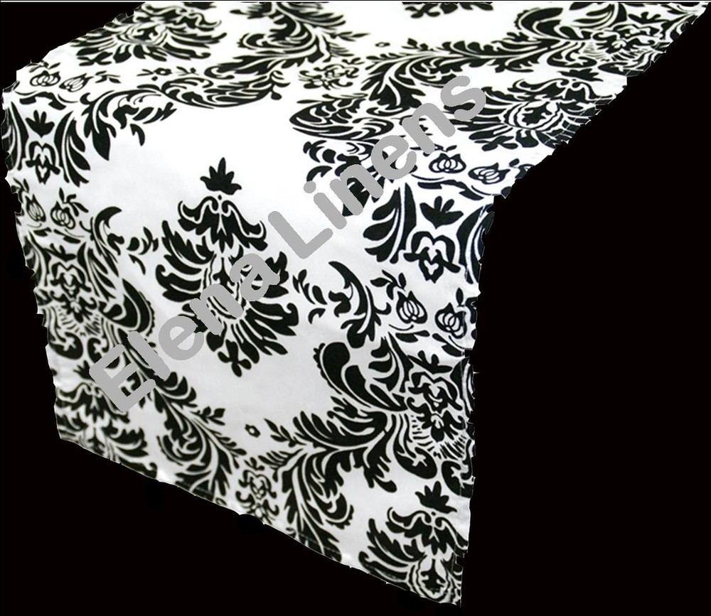 50 Lot 12 x 108″ Black & White Flocked Damask Taffeta Table Top Runner Weddding