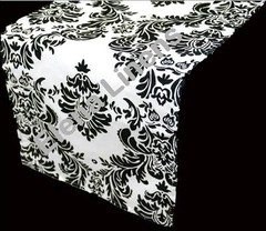 50 Lot 12 x 108″ Black & White Flocked Damask Taffeta Table Top Runner Weddding