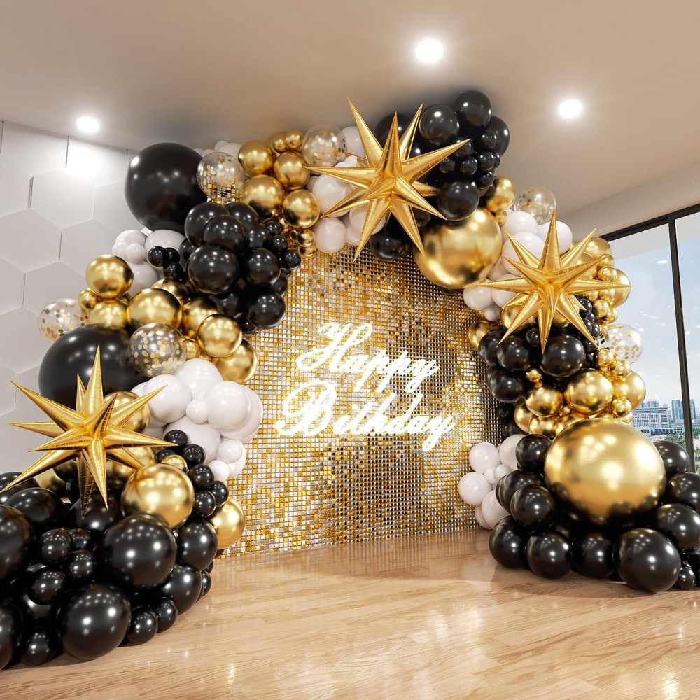 Black and Gold Balloon Garland Arch Kit, 185Pcs Explosion Star Black White Me…