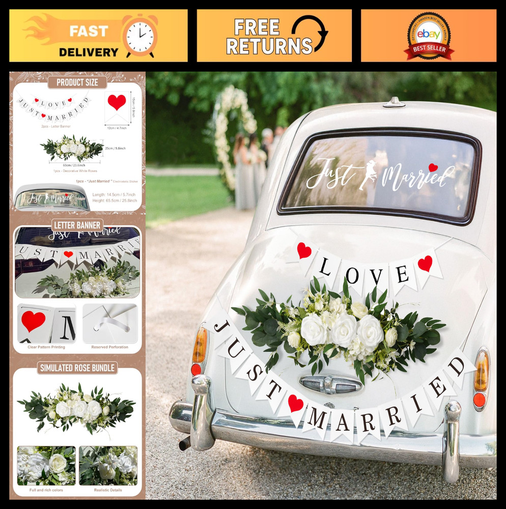 Just Married Car Decorations Kit – Floral Swag, Love Sign Banner, Bouquet & Deca