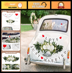 Just Married Car Decorations Kit – Floral Swag, Love Sign Banner, Bouquet & Deca