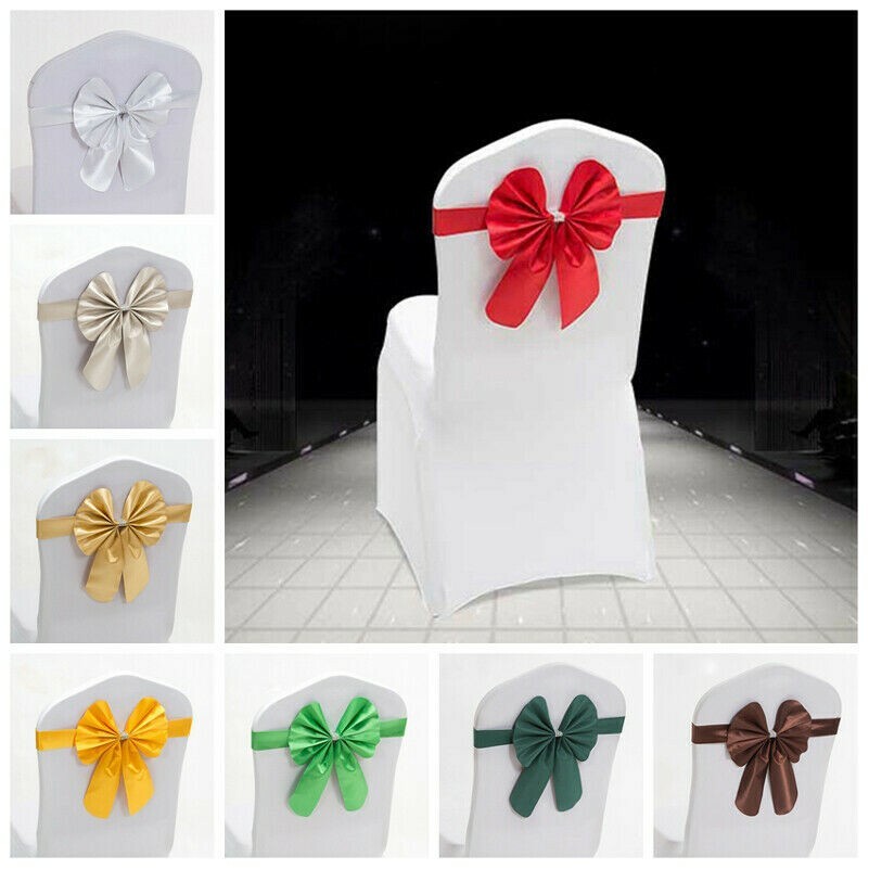 10X Chair Sash Bow Satin Bowknot Solid Slider Seat Band Wedding Party Decor Kits