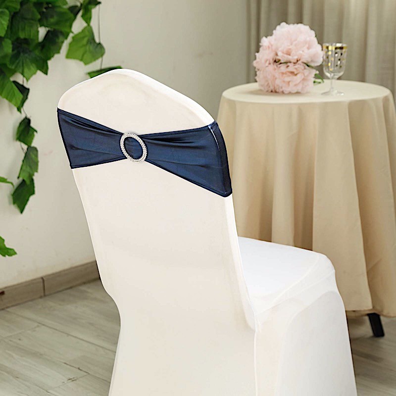 10 Navy Blue Metallic Spandex Chair Sashes Silver Buckles Wedding Decorations