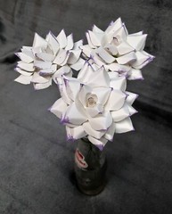 3 Handmade Paper Flowers on stems (White w/Purple tips) for Wedding, Valentine’s