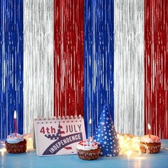 2 Pack Foil Curtain Streamer Decorations | Metallic 2 PCS Blue Silver Red