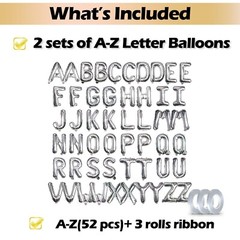 [52 PCS] 16″ Foil Silver Letter Balloons 2 Sets of A-Z, Mylar Aluminum Hangin…