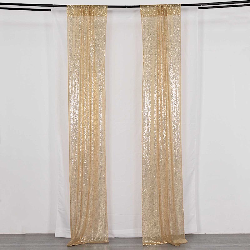 2 CHAMPAGNE 8ft x 2ft Sequined Backdrop Curtain with Rod Pockets Wedding