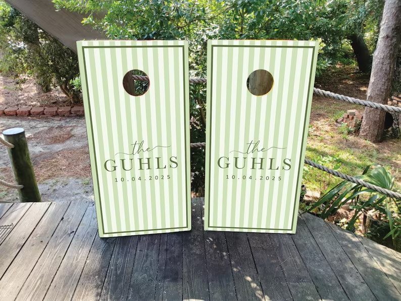 Custom Wedding Cornhole Wraps or Boards – Striped Green Design with Last Name