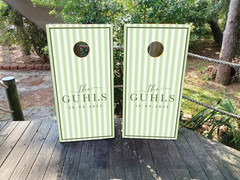 Custom Wedding Cornhole Wraps or Boards – Striped Green Design with Last Name