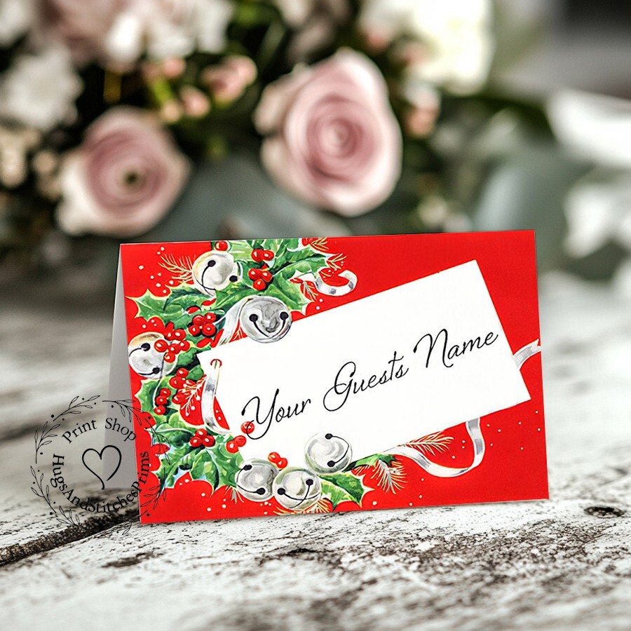 JINGLE BELL HOLLY CHRISTMAS TENT STYLE WEDDING PLACE CARDS or TABLE CARDS #194