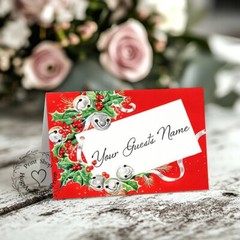 JINGLE BELL HOLLY CHRISTMAS TENT STYLE WEDDING PLACE CARDS or TABLE CARDS #194