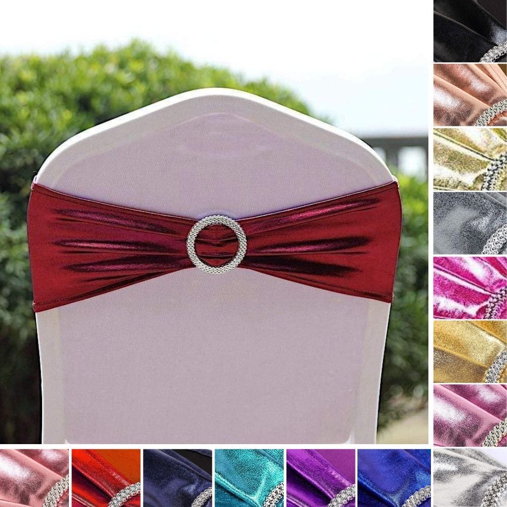 20 Metallic Spandex Chair Sashes with Silver Buckles Party Wedding Decorations