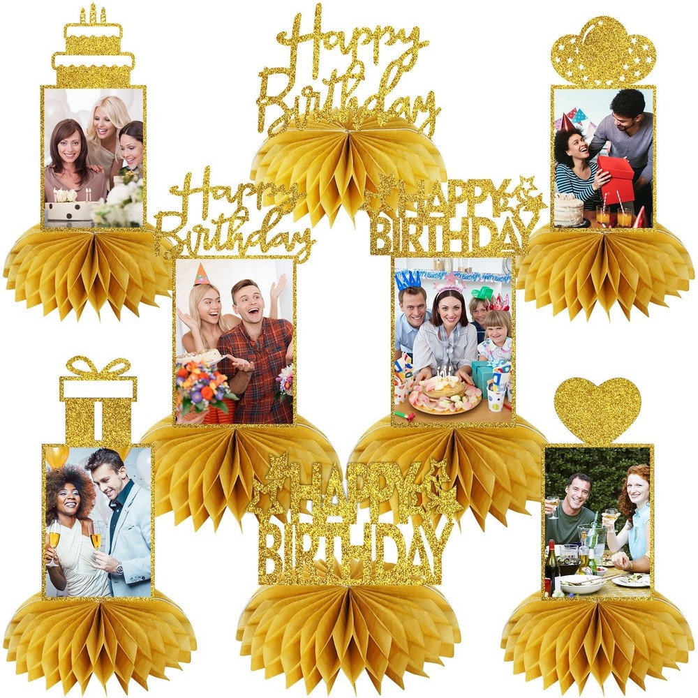 8Pcs Honeycomb Birthday Decorations – Gold Glitter Centerpieces for Women & M…