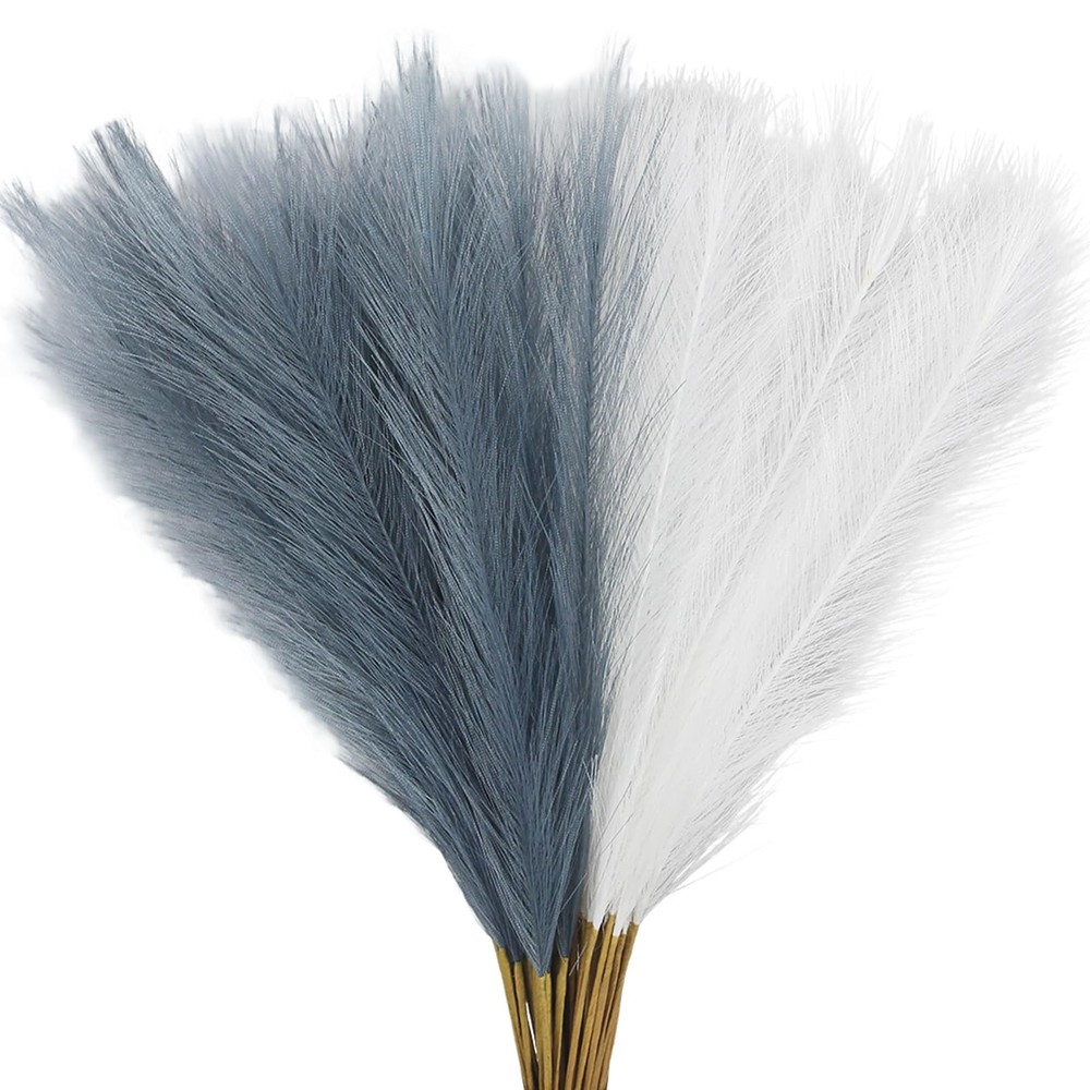60 Pcs Faux Pampas Grass Decor 21.7 Inch White and Grey Short Fluffy Artifici…