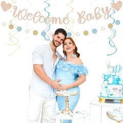 Light-Dusty Blue Boho Baby Shower Party-Decorations – 21pcs Beige Champagne B…