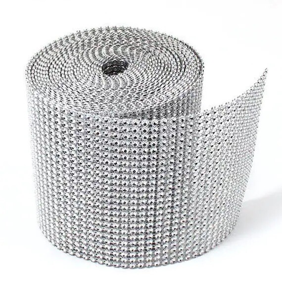 4.5″x10 YARDS SILVER DIAMOND MESH WRAP ROLL SPARKLE RHINESTONE CRYSTAL RIBBON