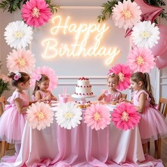 Daisy Tissue Paper Pom Poms, Wildflower Party Decorations, White and Pink pink