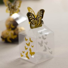 25 Clear Plastic Square Candy Gift Boxes Gold Butterfly Top Party Decorations
