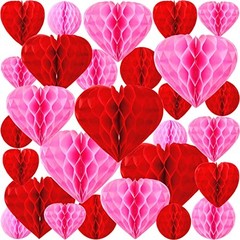 36 Pcs Valentine Heart Honeycomb Decorations Pom Poms Honeycomb Ball Pink, Red