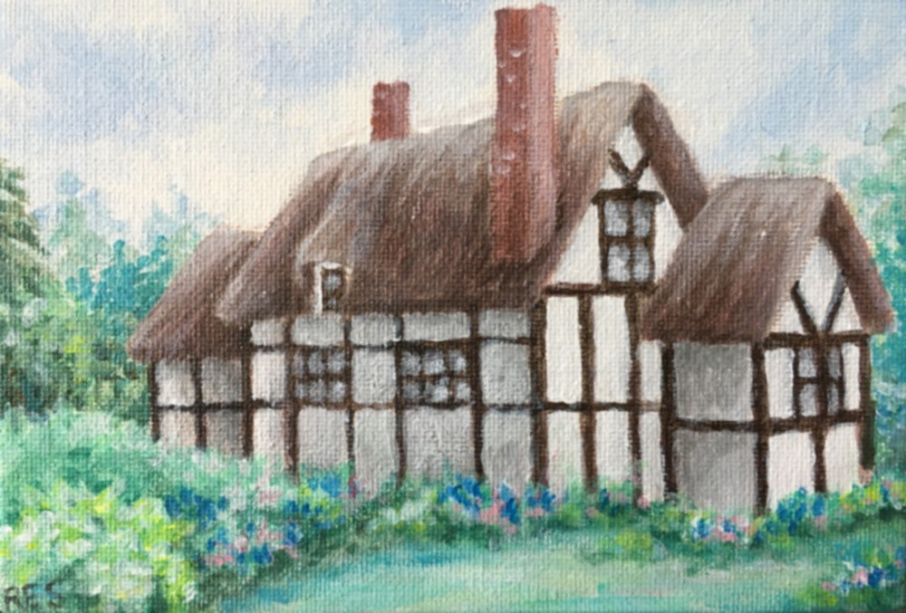 English Cottage,Cotswolds,shabby chic,garden,floral,original art print,fairytale