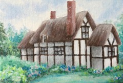 English Cottage,Cotswolds,shabby chic,garden,floral,original art print,fairytale
