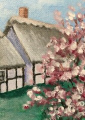 Cottage,Cotswolds,shabby chic,Tudor,floral,original art print,magnolias,village